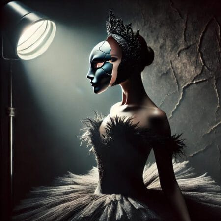 Imagem inspirada no suspense psicológico Cisne Negro (2010), com uma bailarina vestida de cisne negro, usando uma máscara enigmática sob uma luz dramática, refletindo sua transformação psicológica."