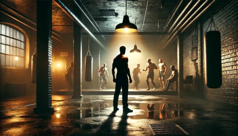Imagem inspirada no suspense psicológico Clube da Luta (1999), com um grupo de homens reunidos em um porão sombrio, preparando-se para uma luta clandestina sob uma iluminação dramática.