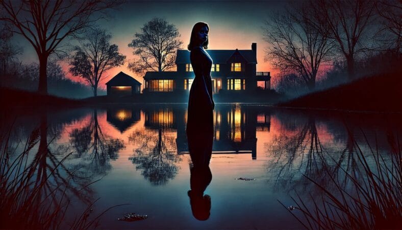 Imagem inspirada no suspense psicológico Garota Exemplar (2014), com uma mulher de pé diante de um lago reflexivo ao anoitecer, observando uma casa ao fundo, sugerindo mistério e tensão.