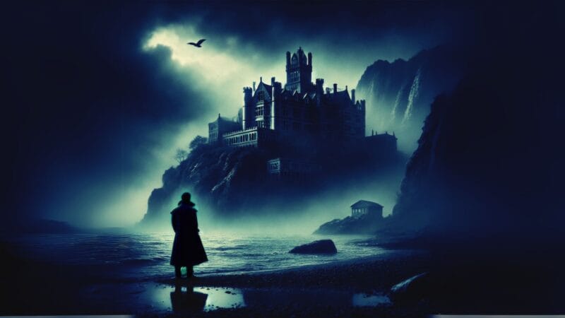 Imagem inspirada no suspense psicológico Ilha do Medo (2010), com uma silhueta solitária observando uma ilha misteriosa, envolta em névoa e sombras, transmitindo um clima de isolamento e tensão.