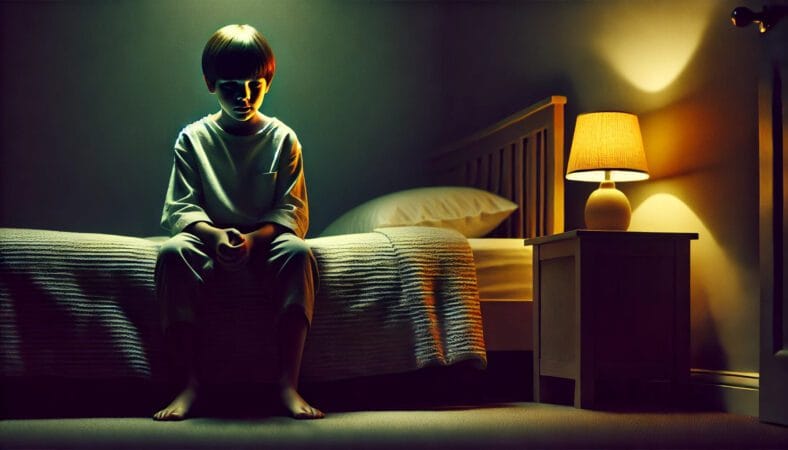 Imagem inspirada no suspense psicológico O Sexto Sentido (1999), com um garoto sentado na beira da cama, envolto em sombras e luz suave, transmitindo um clima de mistério e apreensão.