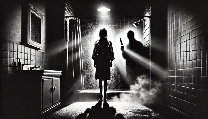 Cena sombria inspirada no suspense psicológico Psicose (1960), mostrando a silhueta de uma mulher no chuveiro, iluminada por uma luz intensa, enquanto a sombra de uma figura com uma faca aparece ameaçadoramente atrás da cortina.