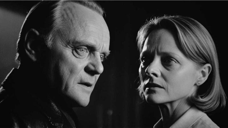 Imagem inspirada no suspense psicológico O Silêncio dos Inocentes (1991), com Hannibal Lecter e Clarice Starling em um confronto tenso, marcado por olhares penetrantes e atmosfera inquietante.