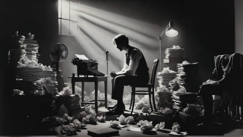 Imagem inspirada no suspense psicológico Tetro (2009), com um escritor solitário cercado por pilhas de papéis amassados, trabalhando sob uma luz dramática em um ambiente de tensão criativa.